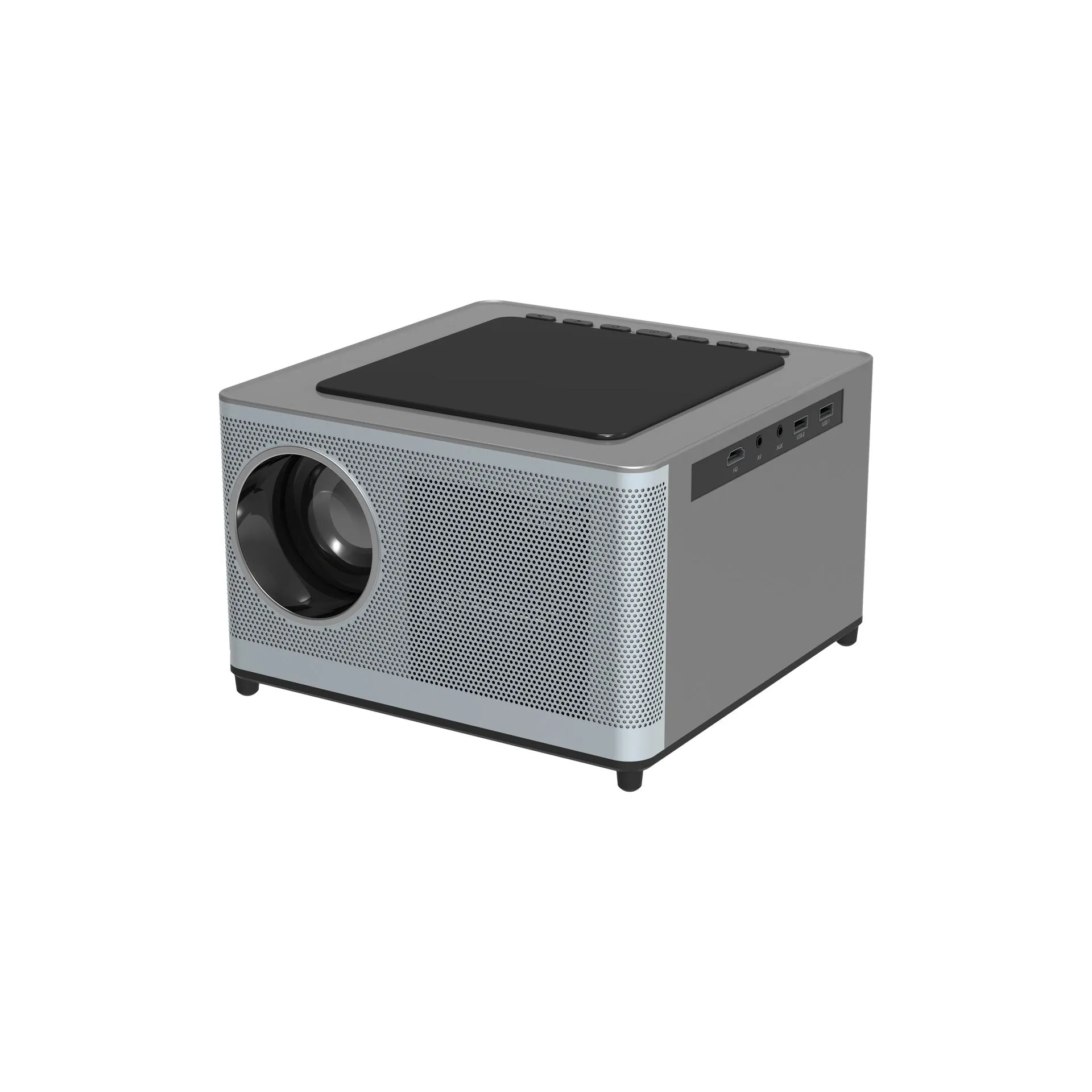 Mini portable projector with 400 ANSI brightness and 200-inch projection on a white wall in a dim room