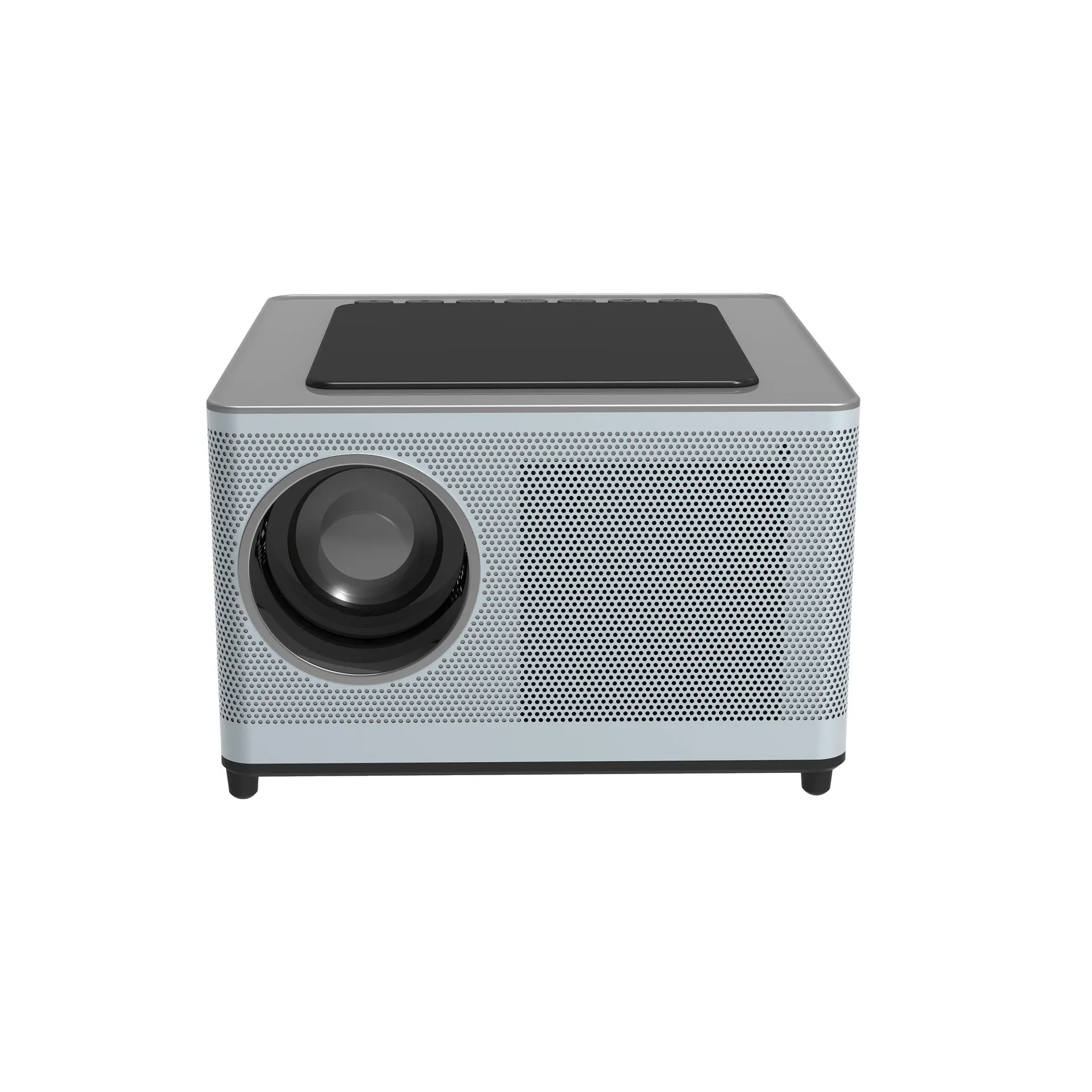 Mini portable projector with 400 ANSI brightness and 200-inch projection on a white wall in a dim room