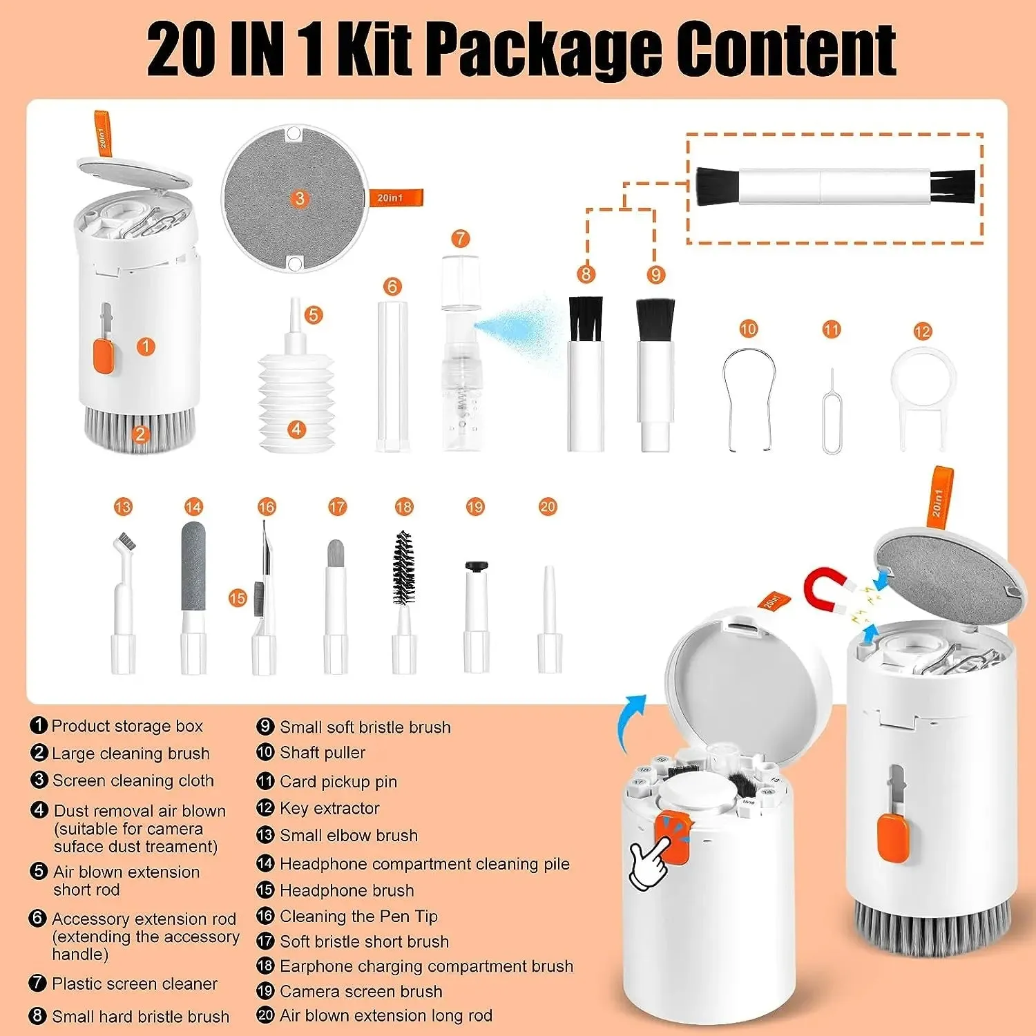 20-in-1 laptop phone screen cleaner kit with cylindrical storage, includes brushes and key puller for keyboards