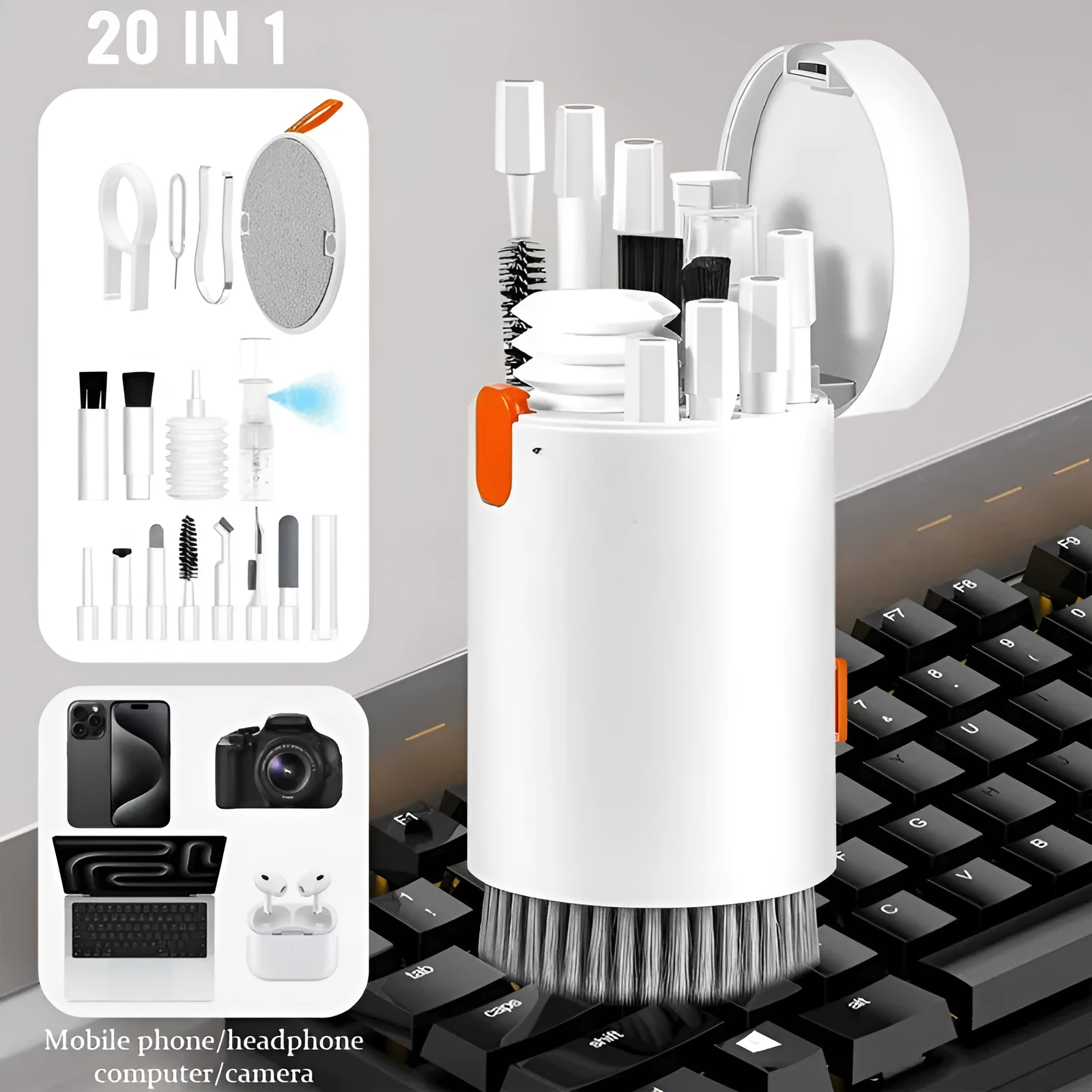 20-in-1 laptop phone screen cleaner kit with cylindrical storage, includes brushes and key puller for keyboards