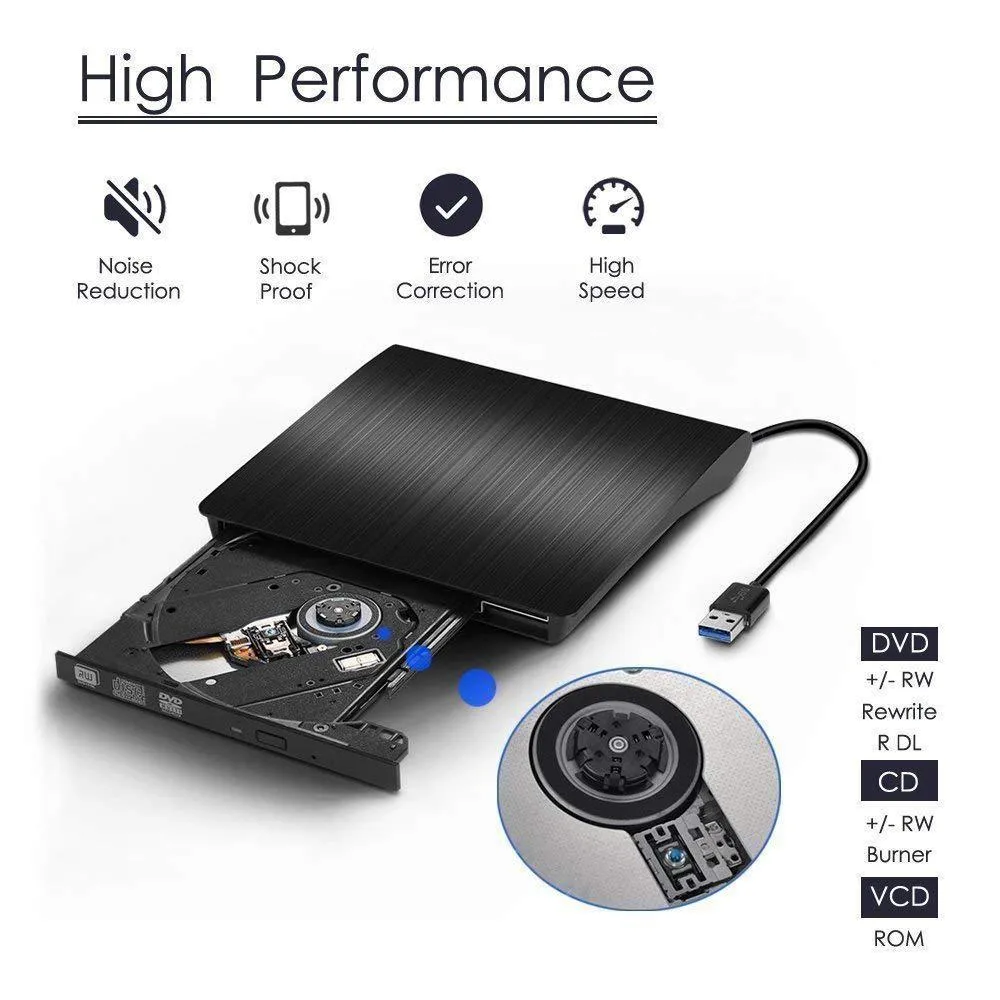 Black external USB DVD burner with tray loading for notebook and desktop use
