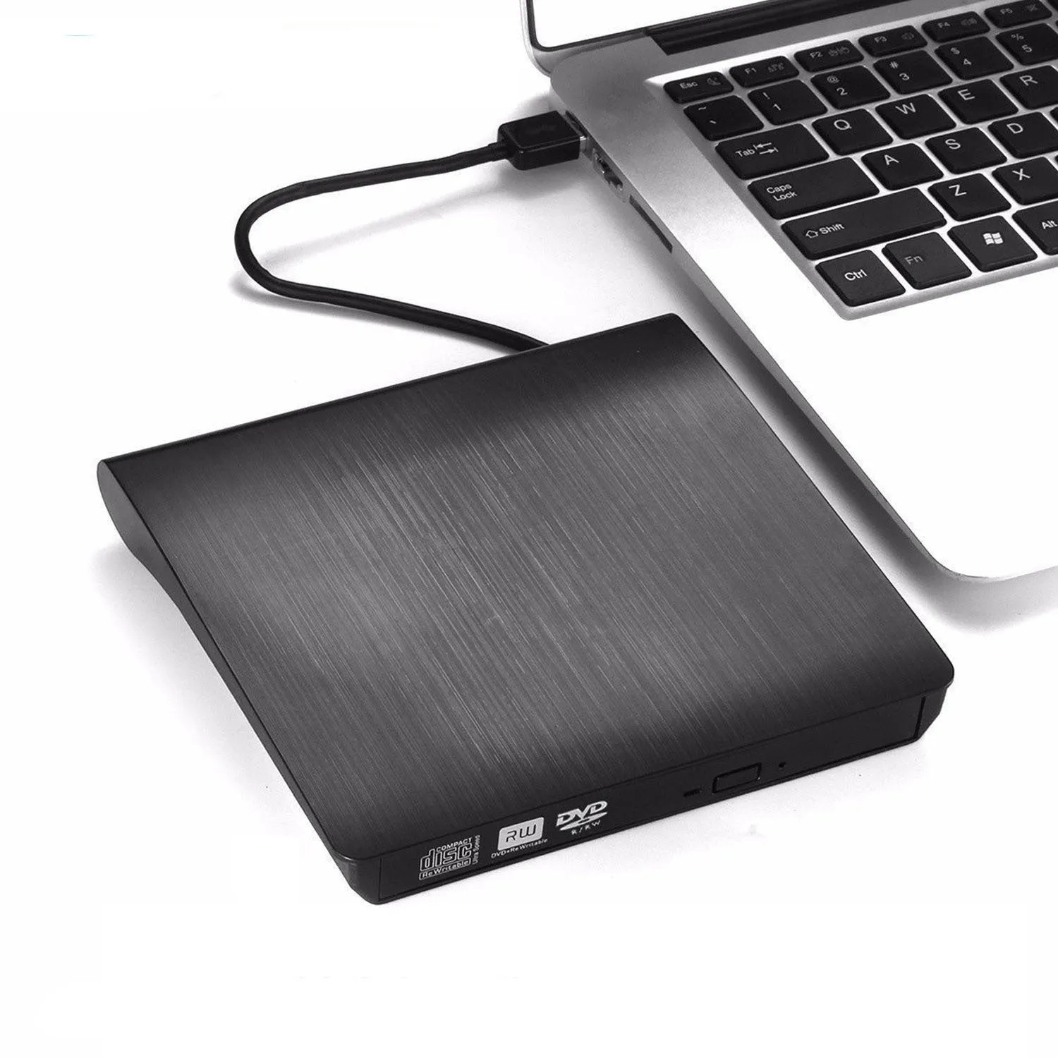 Black external USB DVD burner with tray loading for notebook and desktop use