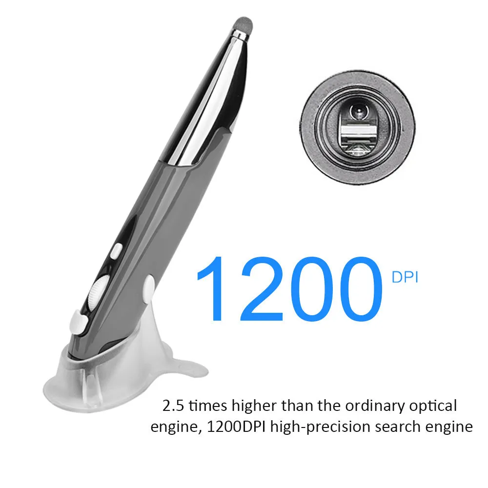 Pen-shaped wireless optical mouse with 1600 DPI in red, blue, and grey colour options