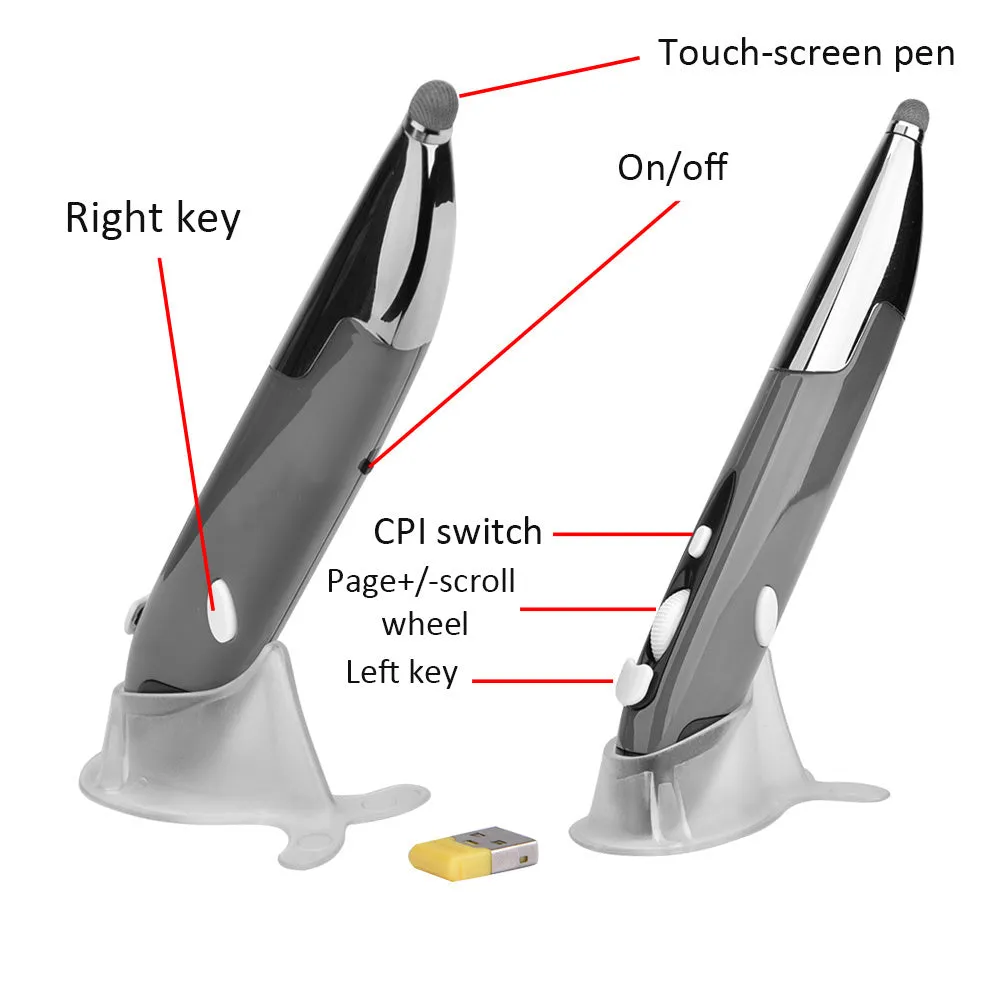 Pen-shaped wireless optical mouse with 1600 DPI in red, blue, and grey colour options