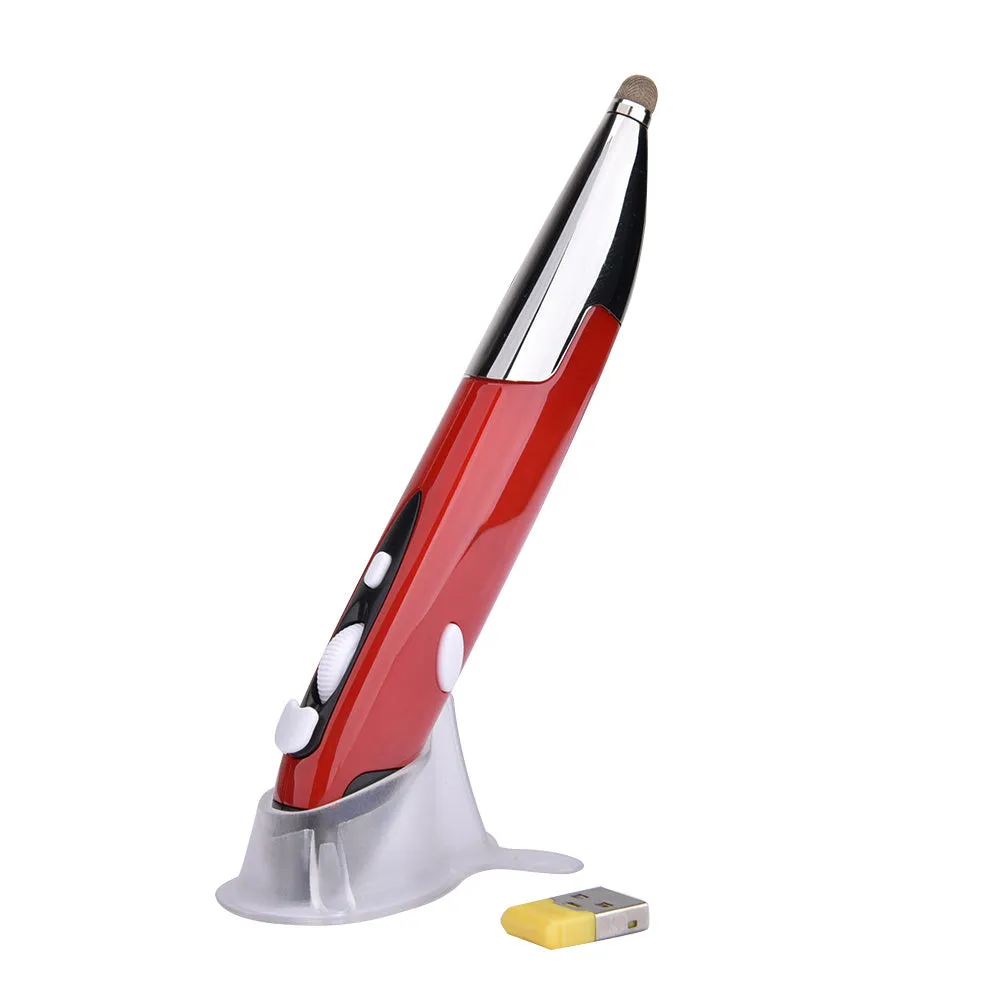 Pen-shaped wireless optical mouse with 1600 DPI in red, blue, and grey colour options