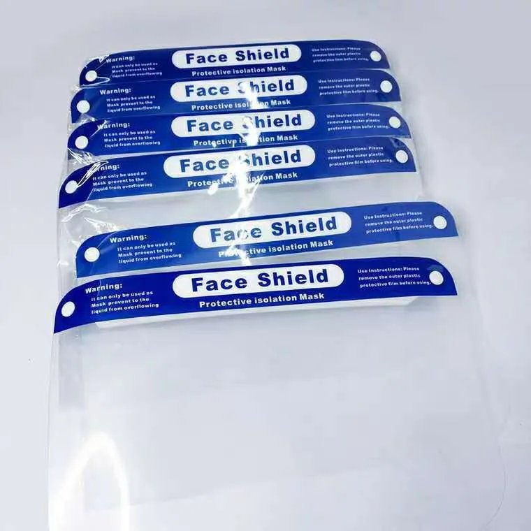 Blue PET self-protection head-on anti-splash mask on white background showing front view