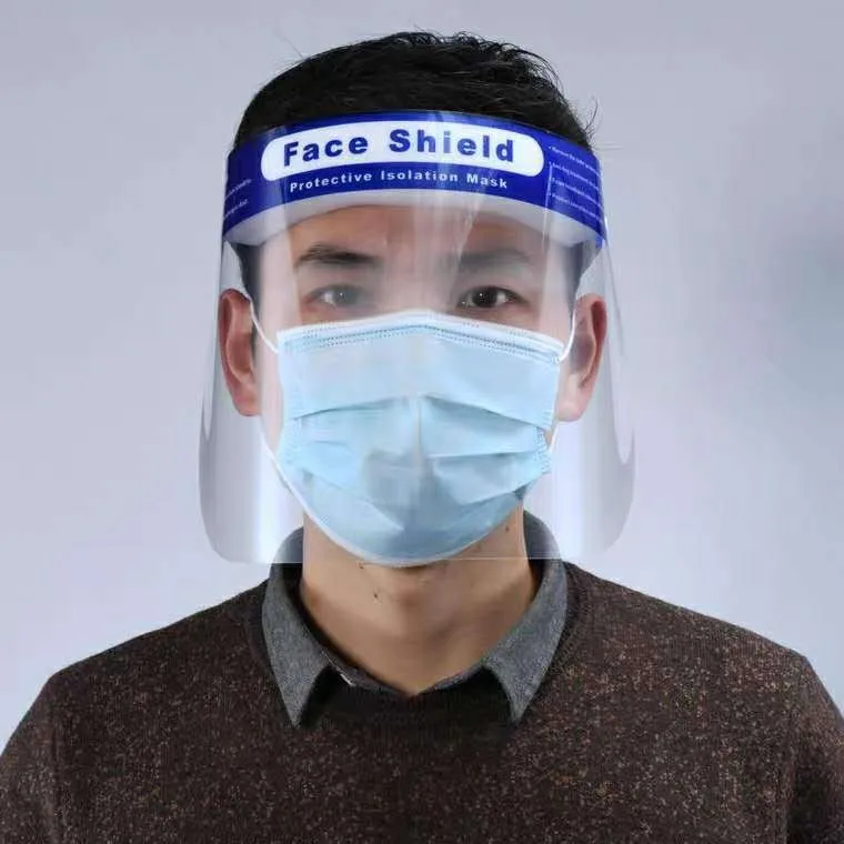 Blue PET self-protection head-on anti-splash mask on white background showing front view