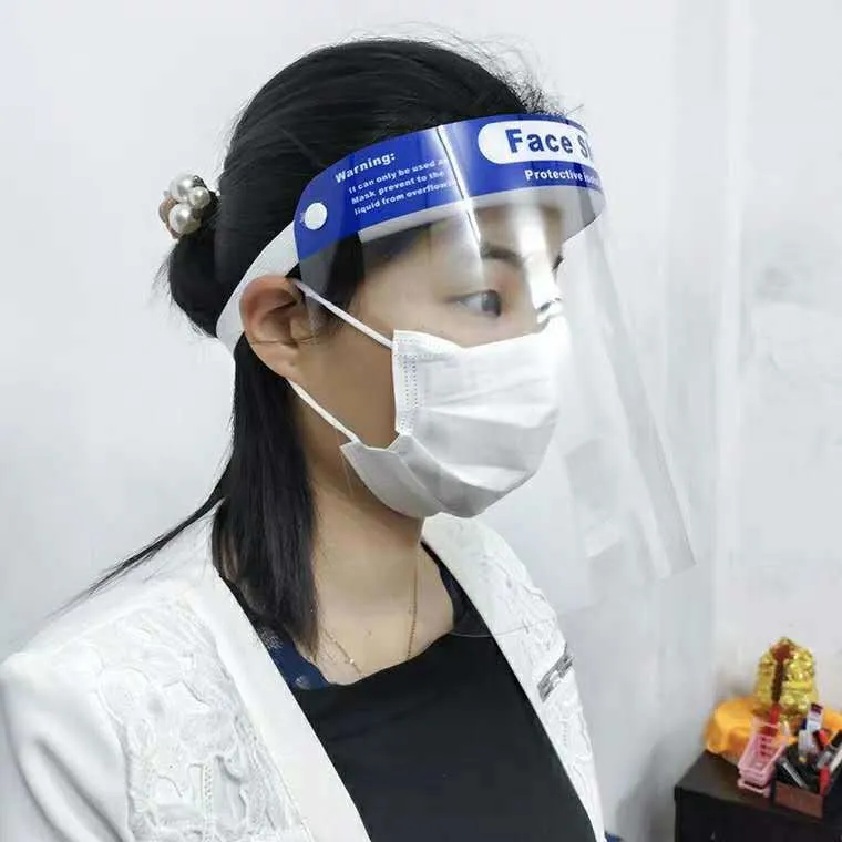 Blue PET self-protection head-on anti-splash mask on white background showing front view