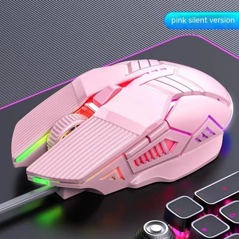 6D wired mouse with colourful lights, USB cable, in black, white, and pink options