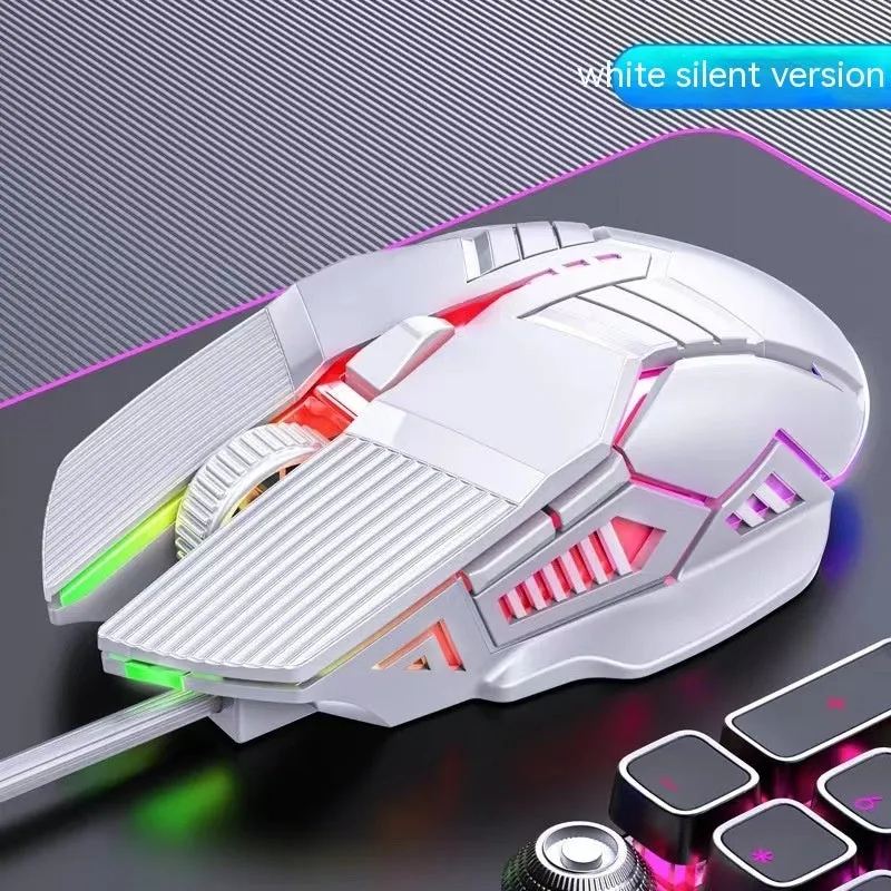 6D wired mouse with colourful lights, USB cable, in black, white, and pink options