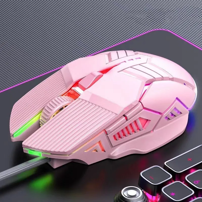 6D wired mouse with colourful lights, USB cable, in black, white, and pink options
