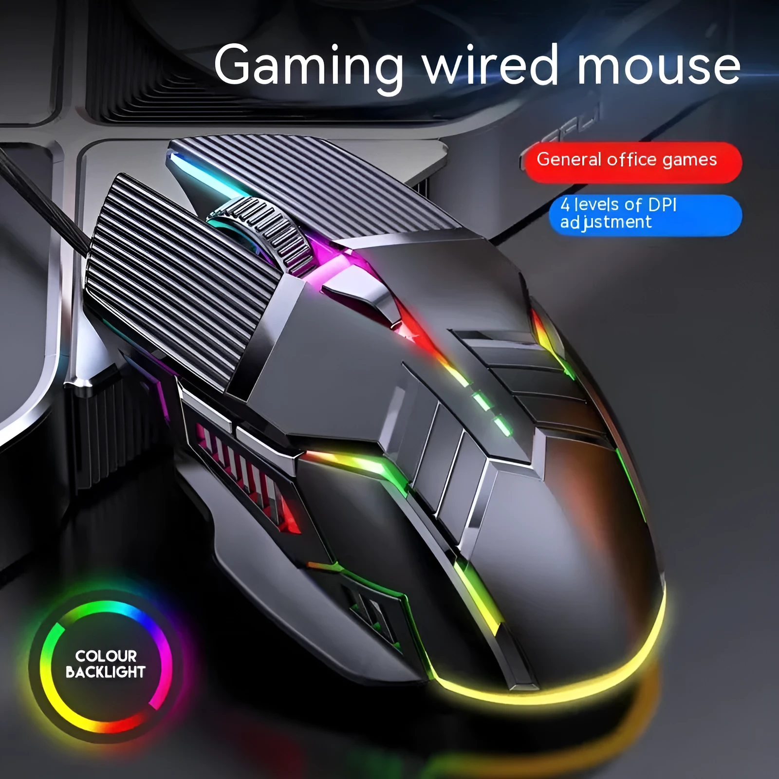 6D wired mouse with colourful lights, USB cable, in black, white, and pink options