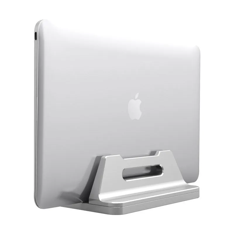 Silver aluminium alloy vertical notebook storage bracket on desk holding a laptop upright