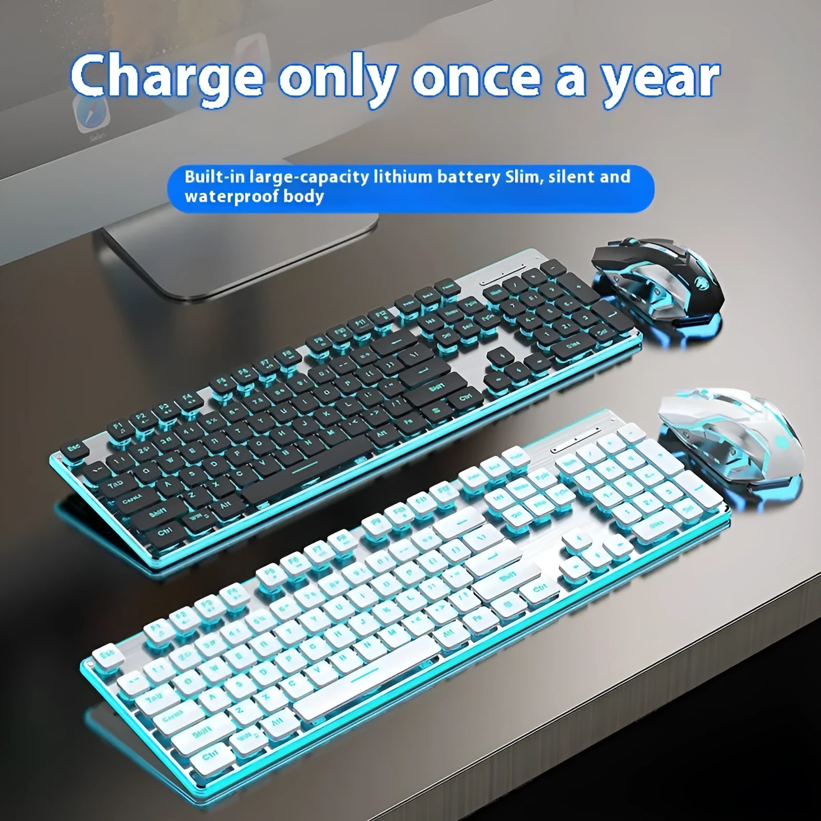 Wireless mute Bluetooth keyboard in pink or white on a desk next to a phone.