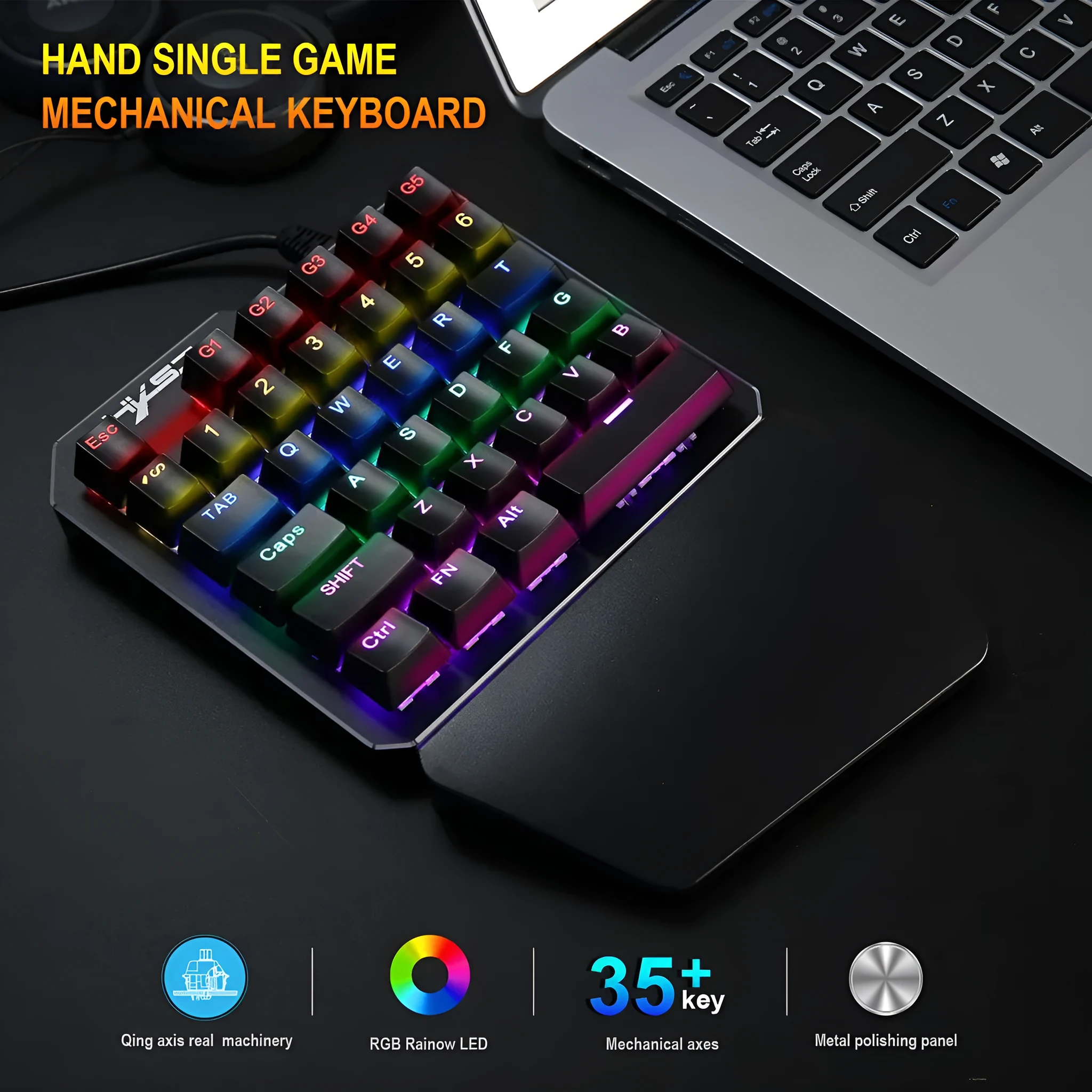 Mini one-handed mechanical gaming keyboard with 35 keys, seven-color backlight, and hand rest on desk