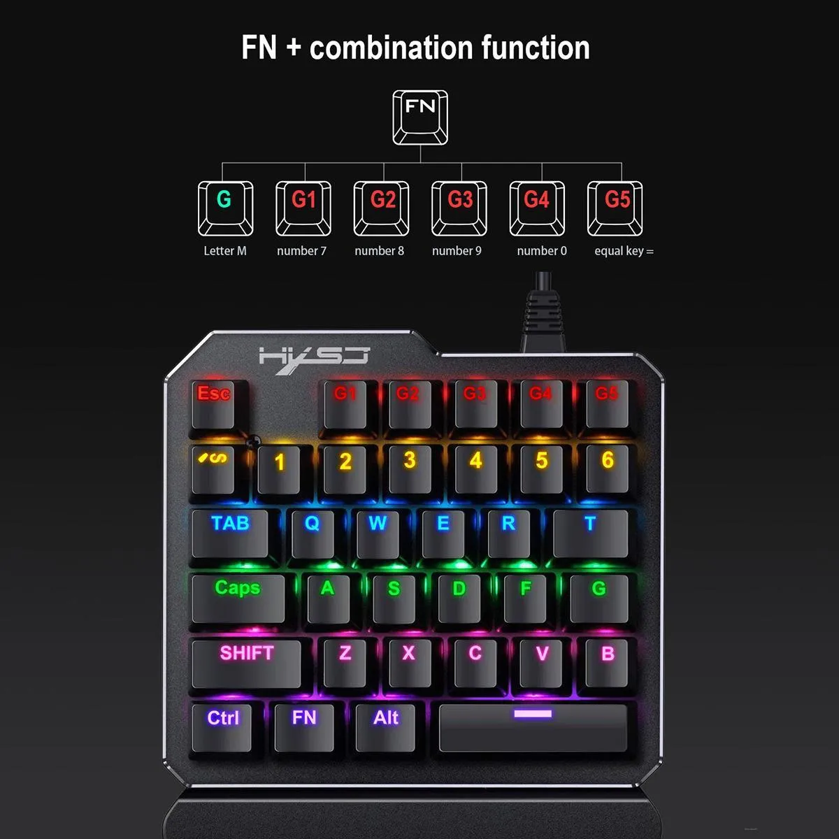 Mini one-handed mechanical gaming keyboard with 35 keys, seven-color backlight, and hand rest on desk