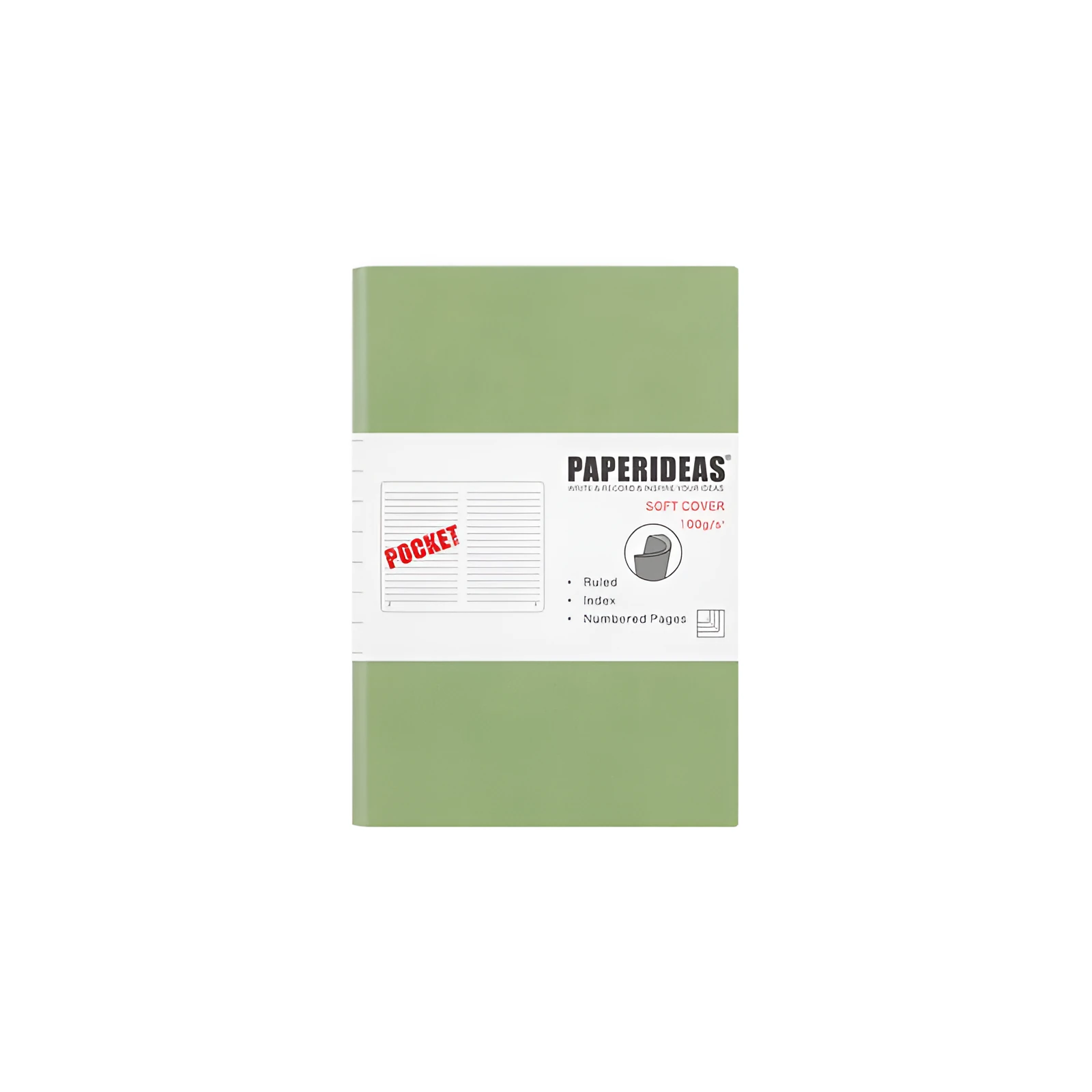 Soft leather A6 notebook open to blank pages, with imitation leather cover in black, fog blue, and avocado green options