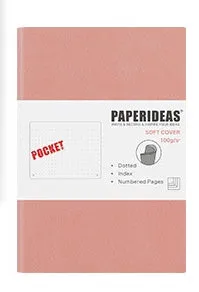 Soft leather A6 notebook open to blank pages, with imitation leather cover in black, fog blue, and avocado green options