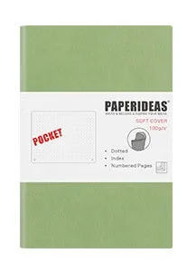 Soft leather A6 notebook open to blank pages, with imitation leather cover in black, fog blue, and avocado green options