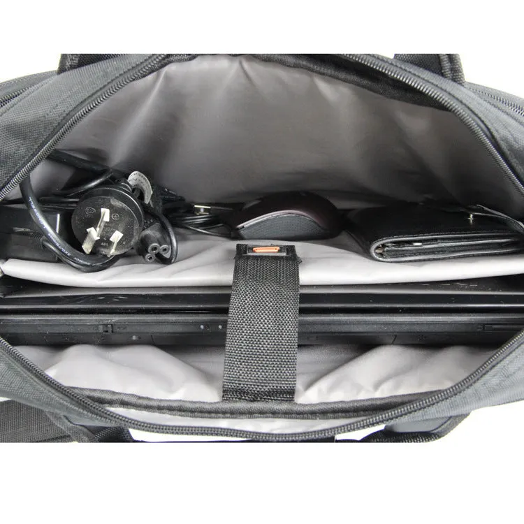 Black one-shoulder nylon computer bag with water repellent finish and hidden non-slip strap for 14-inch laptops