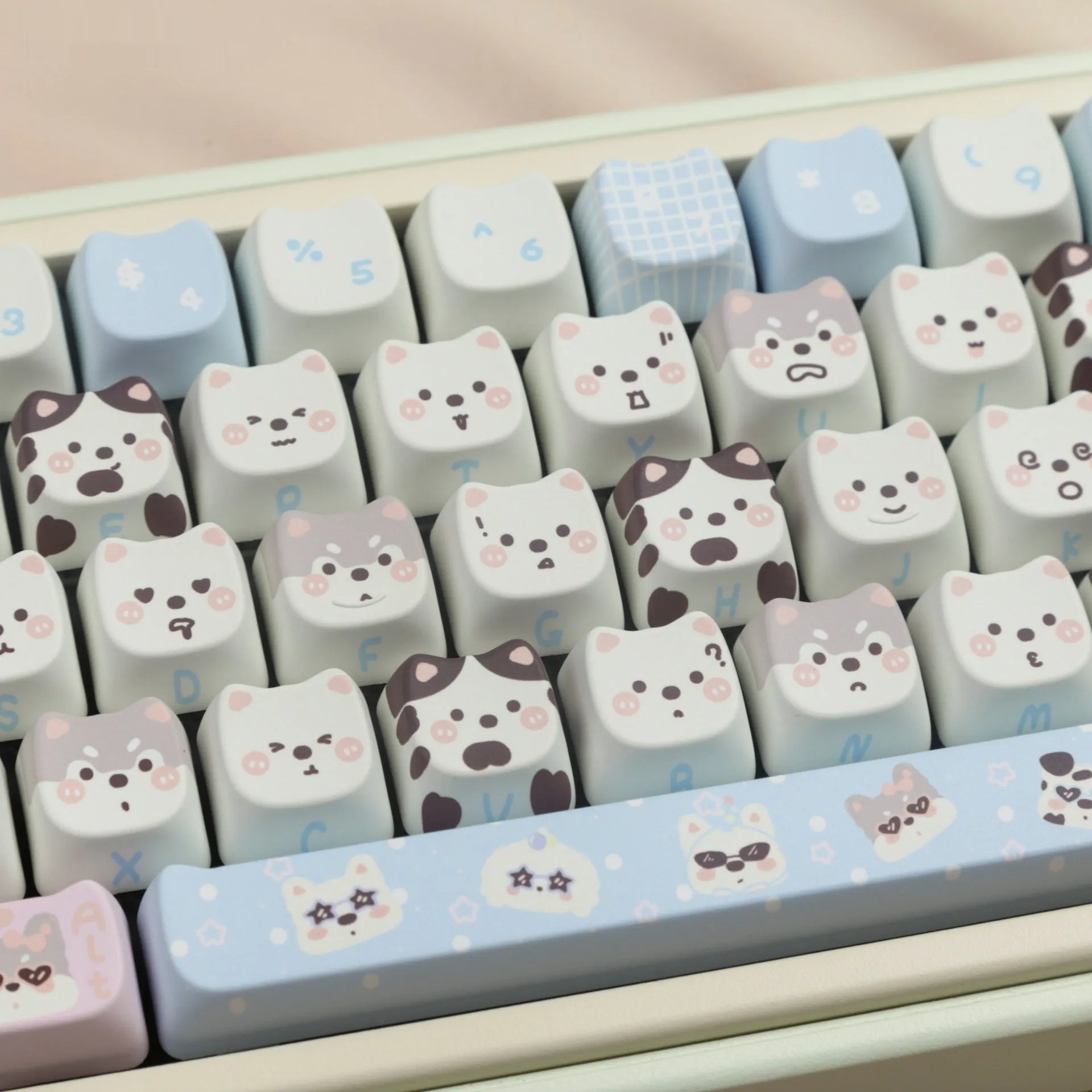 Full set of colourful PBT keyboard keycaps with sublimated cute puppy and cat designs laid out.