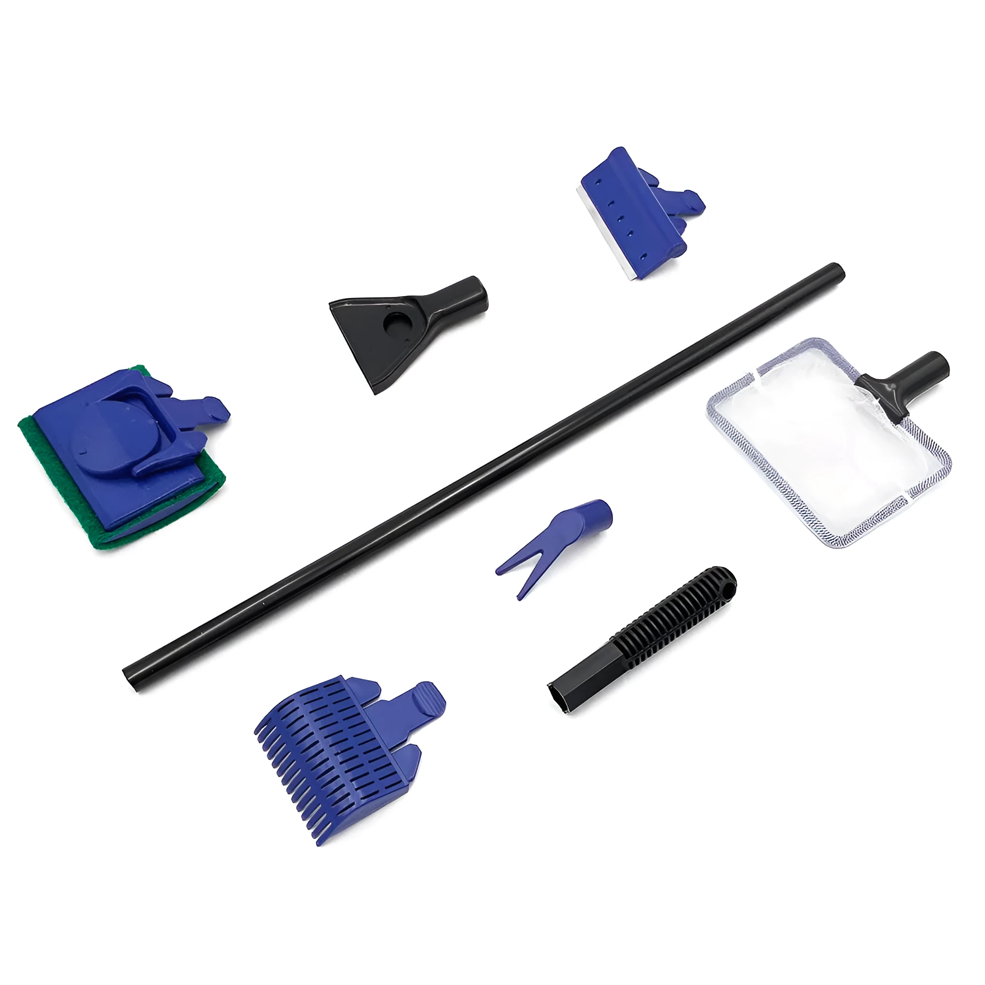 5-in-1 aquarium cleaning tool set with telescopic handle, black and blue, including net and scraper