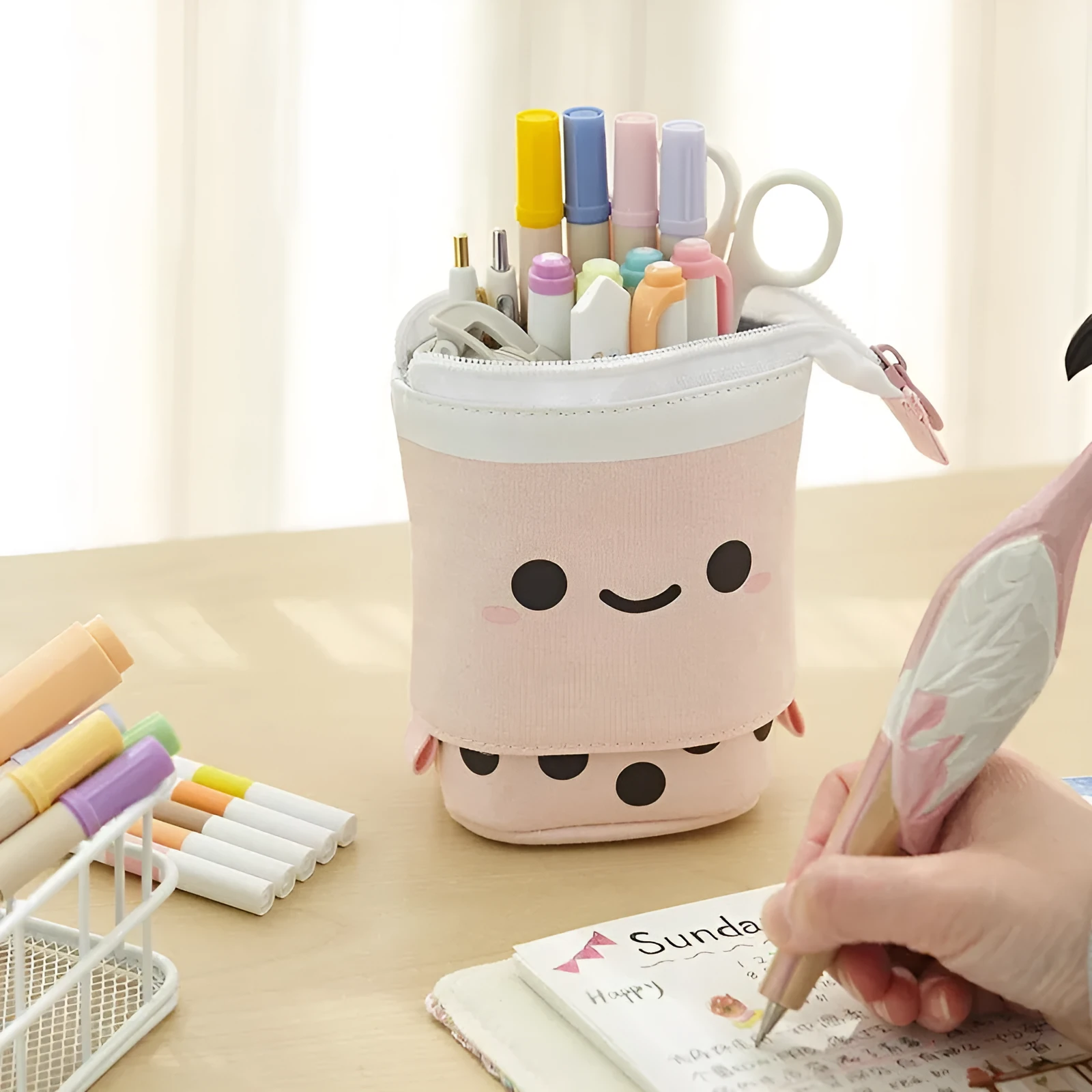 Canvas retractable pencil case with heart smiley face in blue velvet milk tea colour