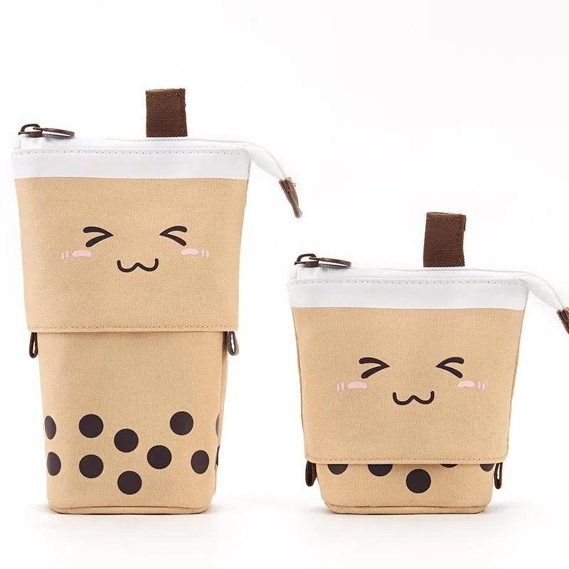 Canvas retractable pencil case with heart smiley face in blue velvet milk tea colour