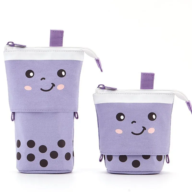 Canvas retractable pencil case with heart smiley face in blue velvet milk tea colour