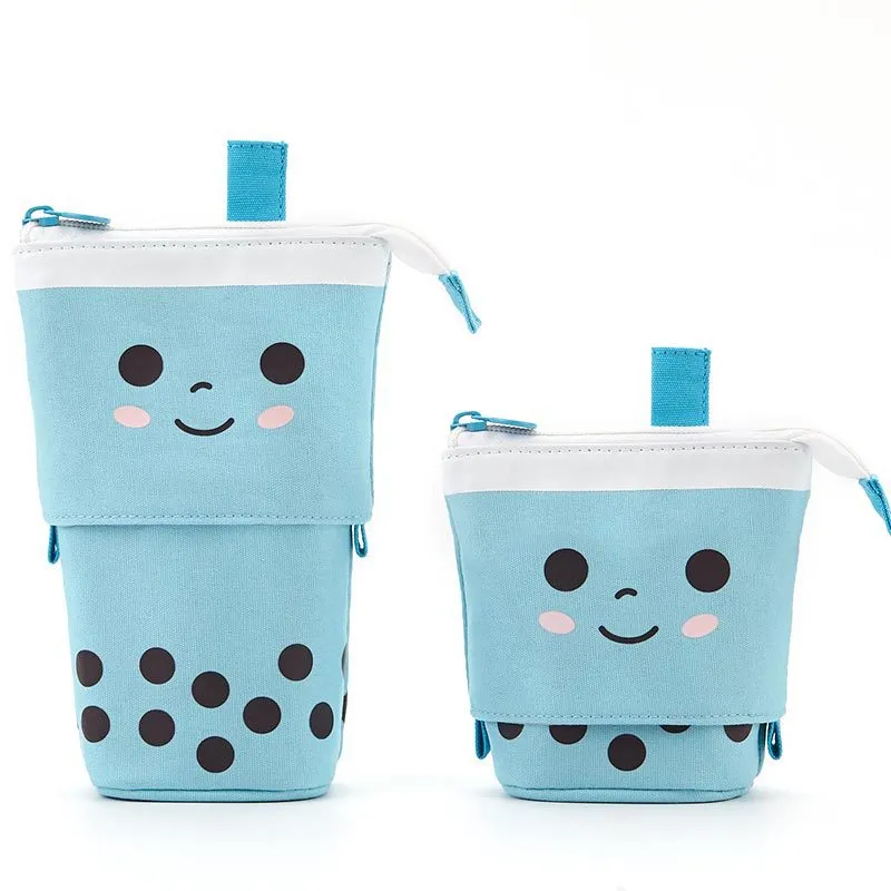 Canvas retractable pencil case with heart smiley face in blue velvet milk tea colour