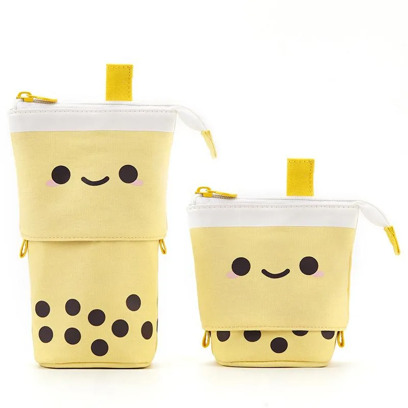 Canvas retractable pencil case with heart smiley face in blue velvet milk tea colour