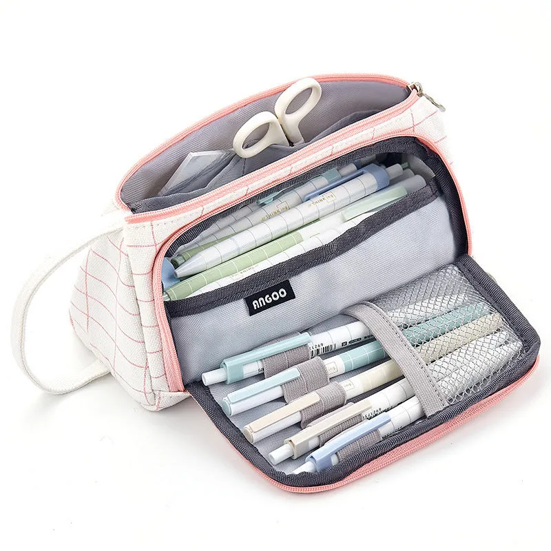 Canvas plaid pencil case with striped Korean style square shape