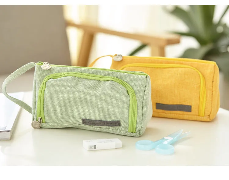 Canvas plaid pencil case with striped Korean style square shape