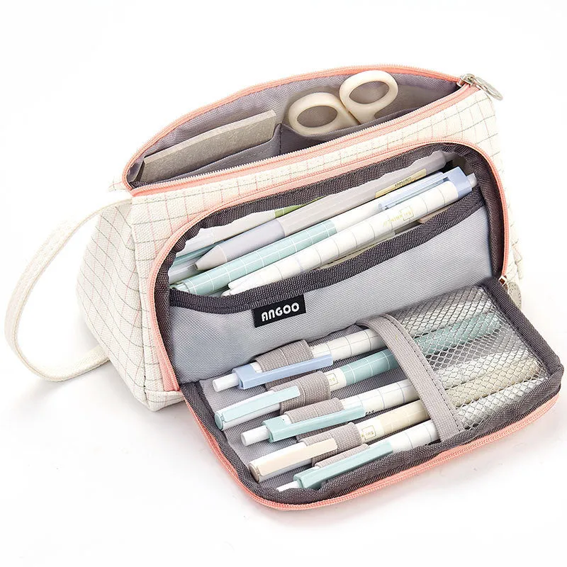 Canvas plaid pencil case with striped Korean style square shape