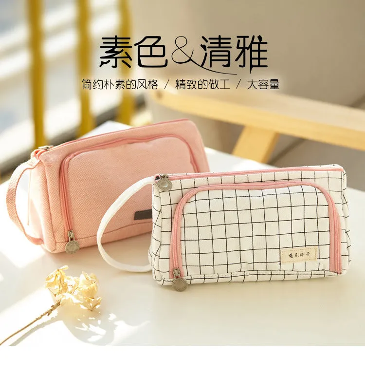Canvas plaid pencil case with striped Korean style square shape