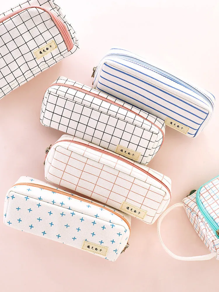 Canvas plaid pencil case with striped Korean style square shape