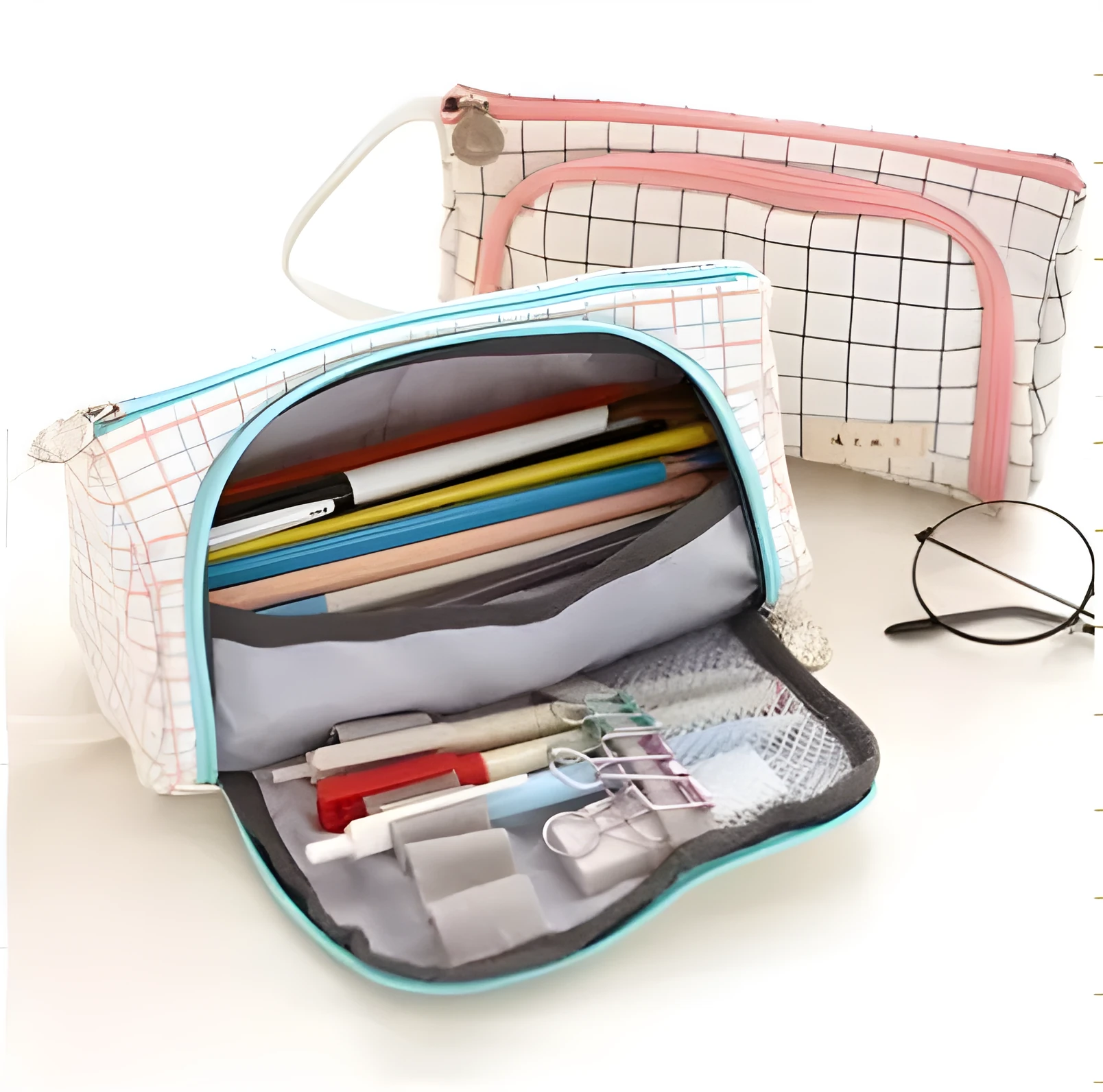 Canvas plaid pencil case with striped Korean style square shape