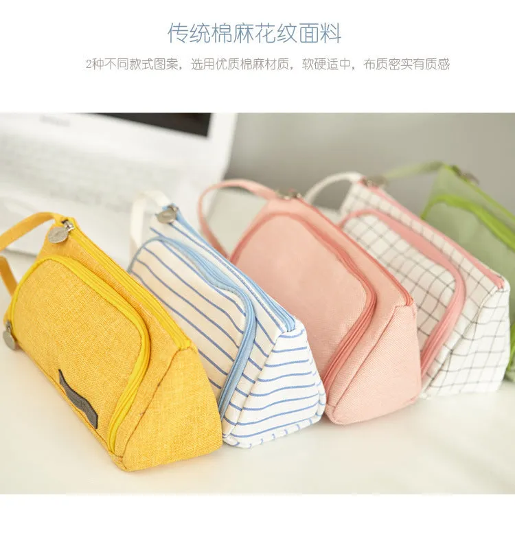 Canvas plaid pencil case with striped Korean style square shape