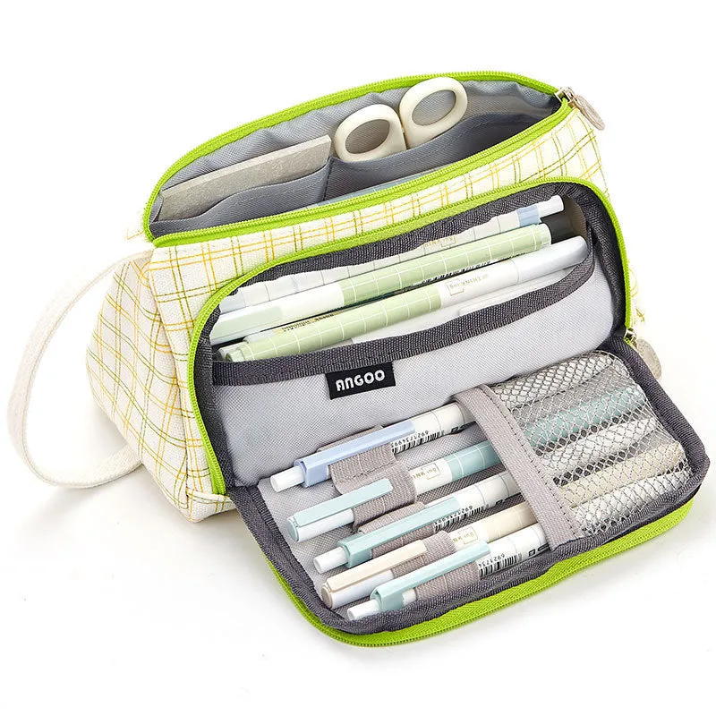 Canvas plaid pencil case with striped Korean style square shape