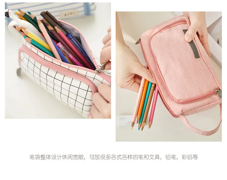 Canvas plaid pencil case with striped Korean style square shape
