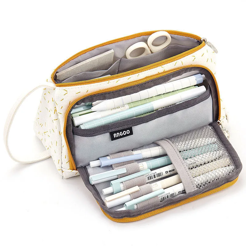 Canvas plaid pencil case with striped Korean style square shape
