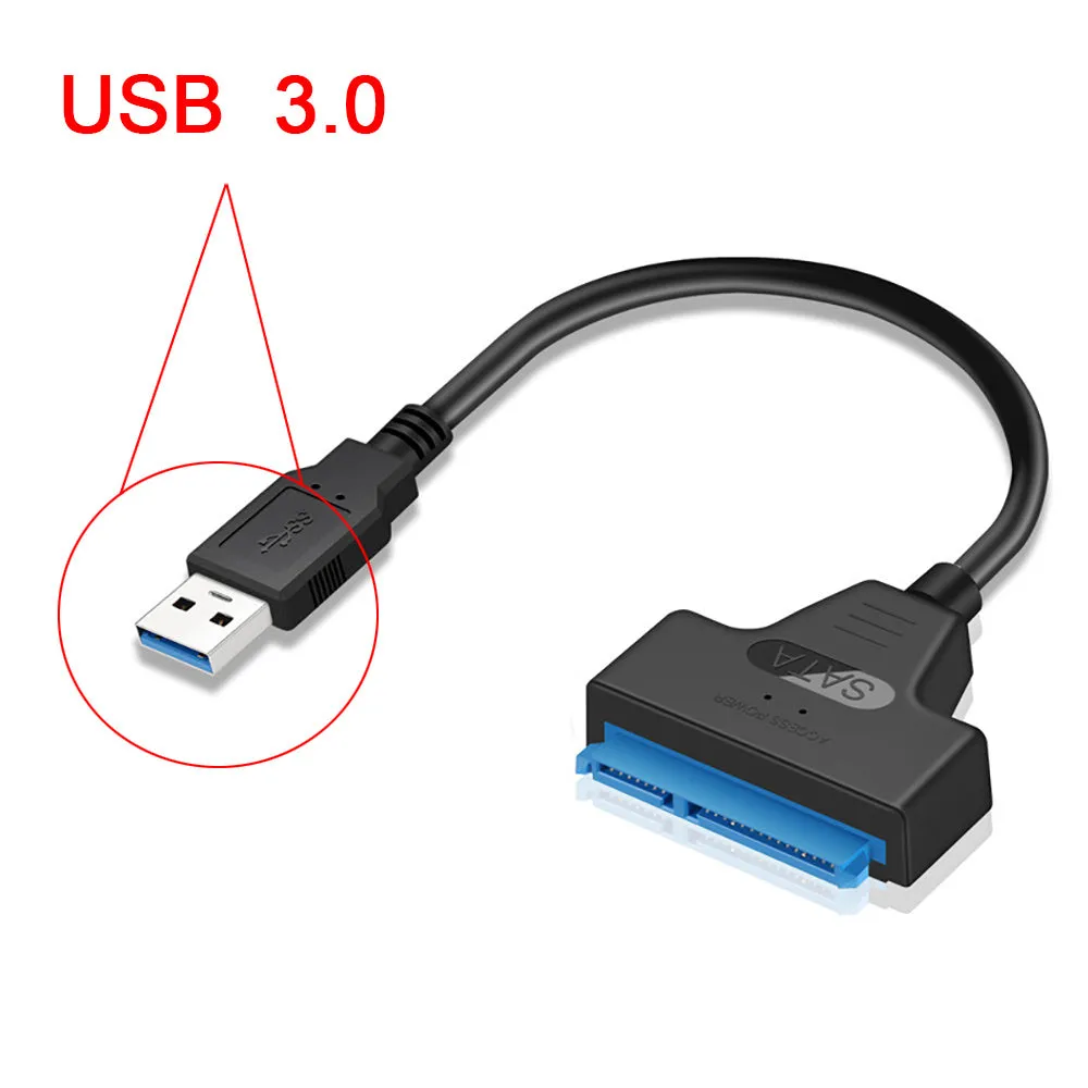 30cm SATA to USB external hard drive adapter cable with copper wire conductors on white background