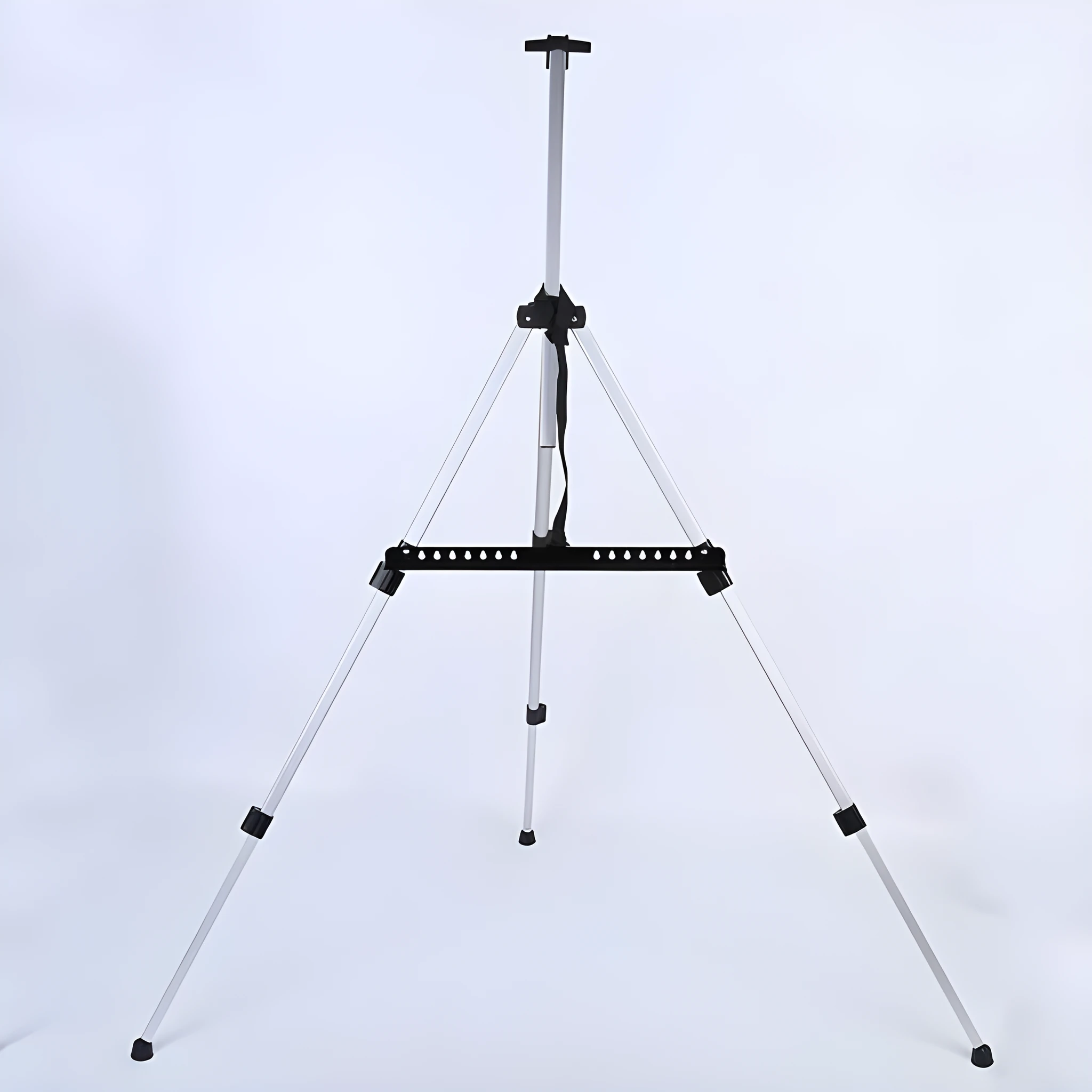 Silver adjustable aluminium alloy easel folded for transport with black carrying bag and shoulder strap