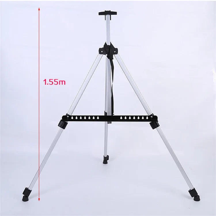 Silver adjustable aluminium alloy easel folded for transport with black carrying bag and shoulder strap