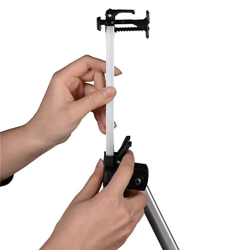 Silver adjustable aluminium alloy easel folded for transport with black carrying bag and shoulder strap