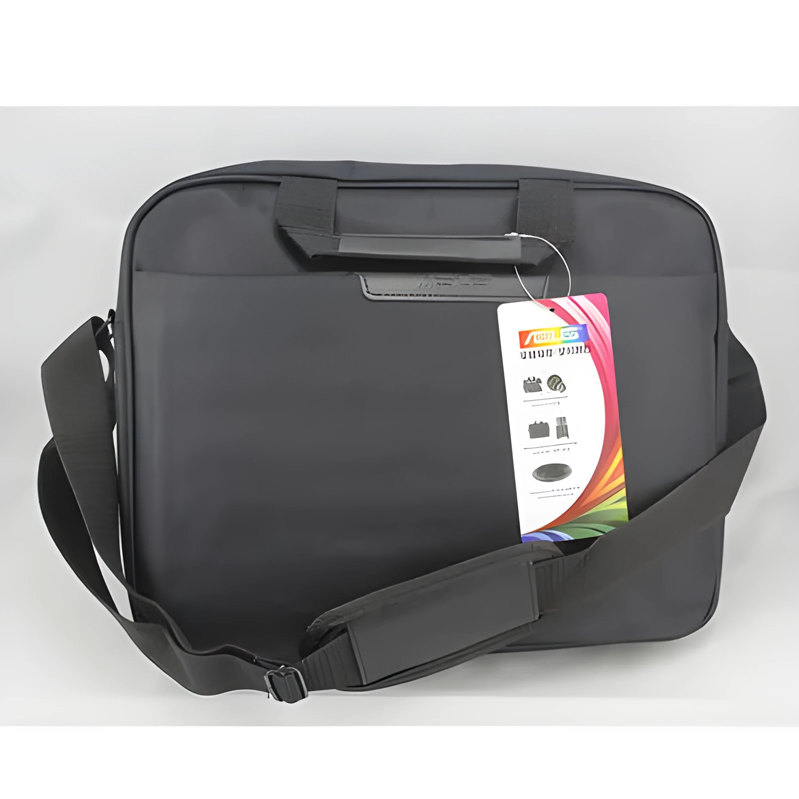 Large black nylon shoulder bag for 15.6 inch laptop, plain finish with zipper and handle