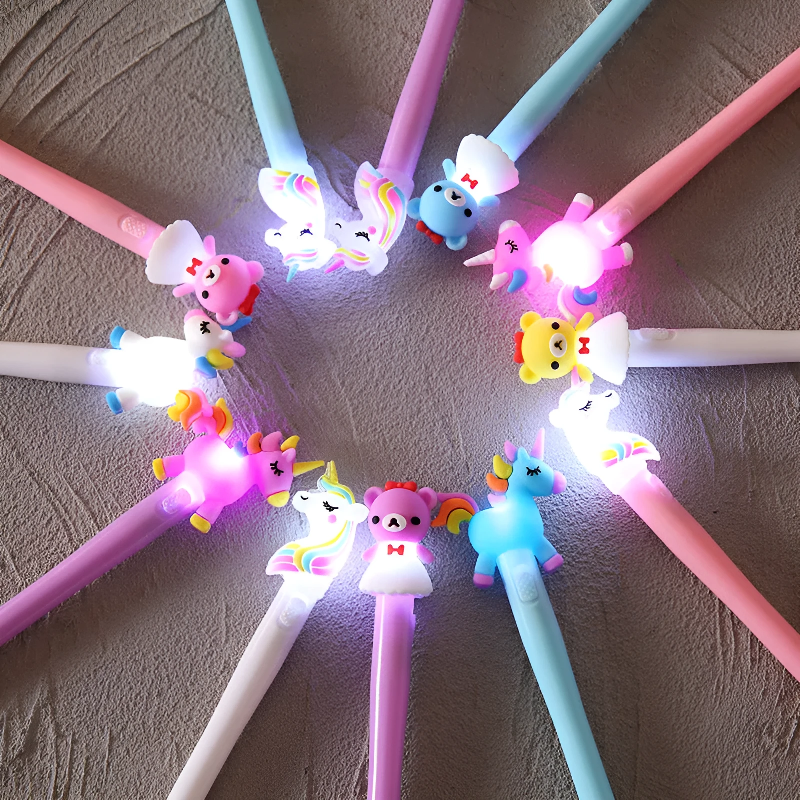 Student walking street stationery set pen with 0.5mm tip and 12 glowing refills in Bear, Unicorn, and Pony colours