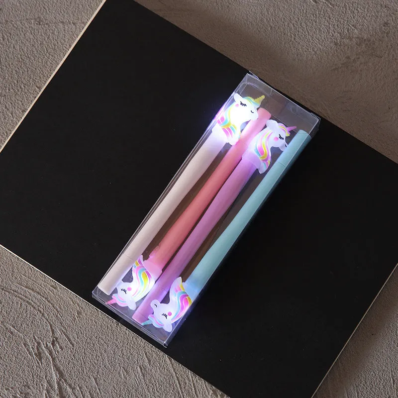 Student walking street stationery set pen with 0.5mm tip and 12 glowing refills in Bear, Unicorn, and Pony colours