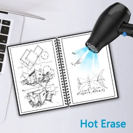 Black rewritable paper notebook open with spiral binding, erasable pen, and B5 size sheets