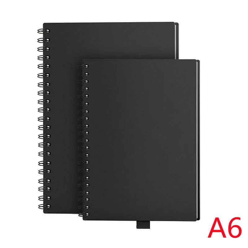 Black rewritable paper notebook open with spiral binding, erasable pen, and B5 size sheets